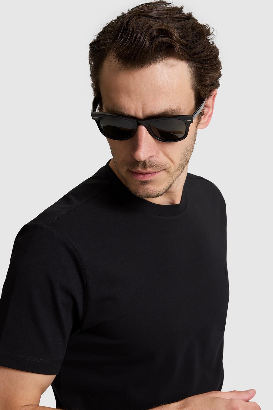 Siyah Slim Fit Pamuk Karışımlı Bisiklet Yaka Basic T-shirt - 50328373069