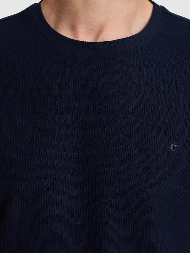Lacivert Slim Fit Saf Pamuk İnce Fitilli Bisiklet Yaka T-shirt