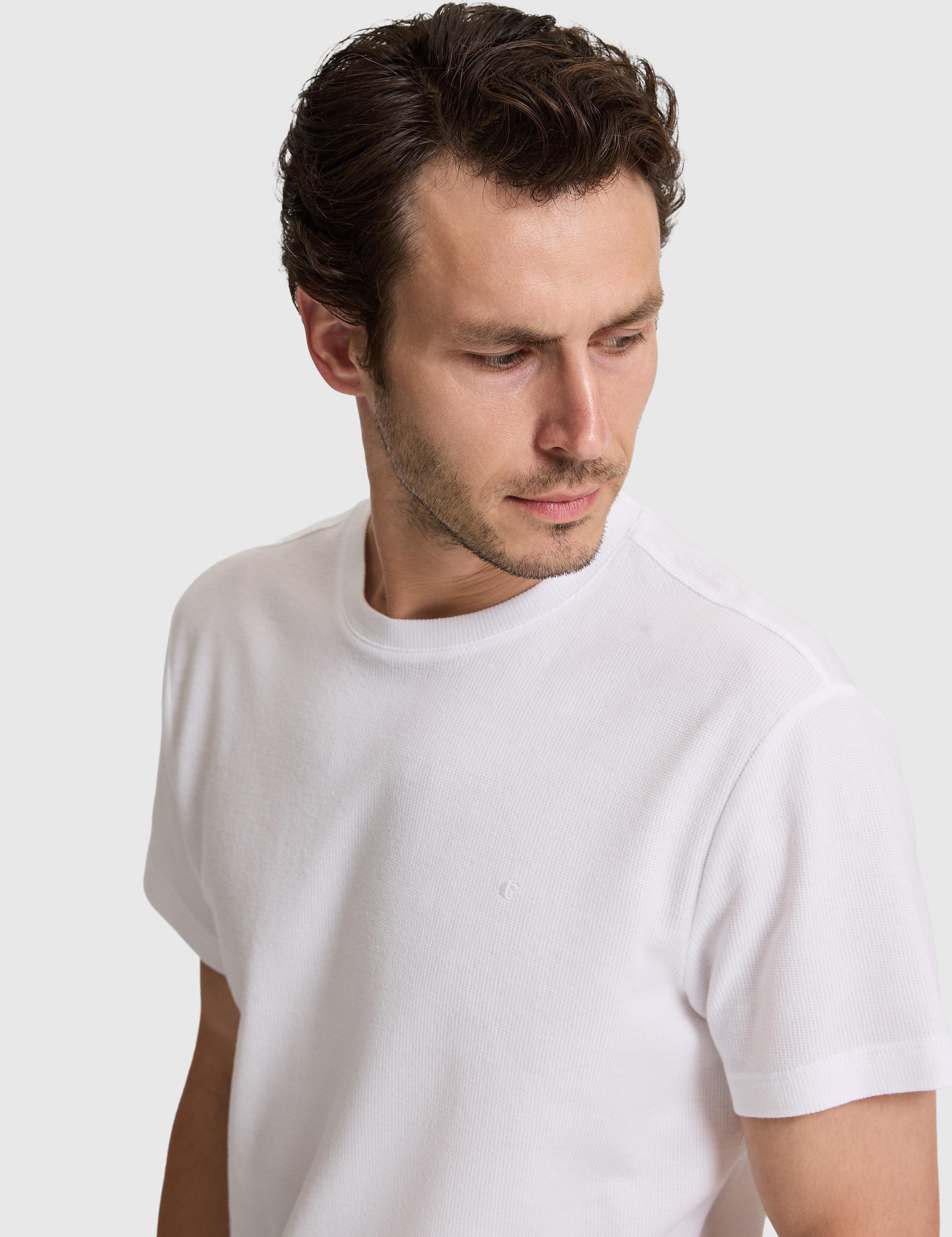 Beyaz Slim Fit Saf Pamuk İnce Fitilli Bisiklet Yaka T-shirt - 50328374001