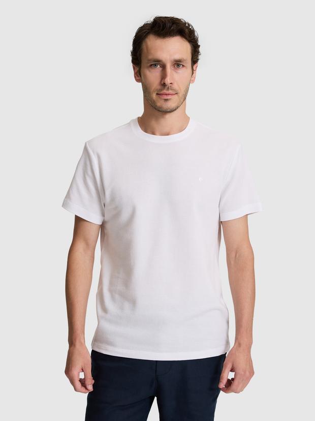 Beyaz Slim Fit Saf Pamuk İnce Fitilli Bisiklet Yaka T-shirt