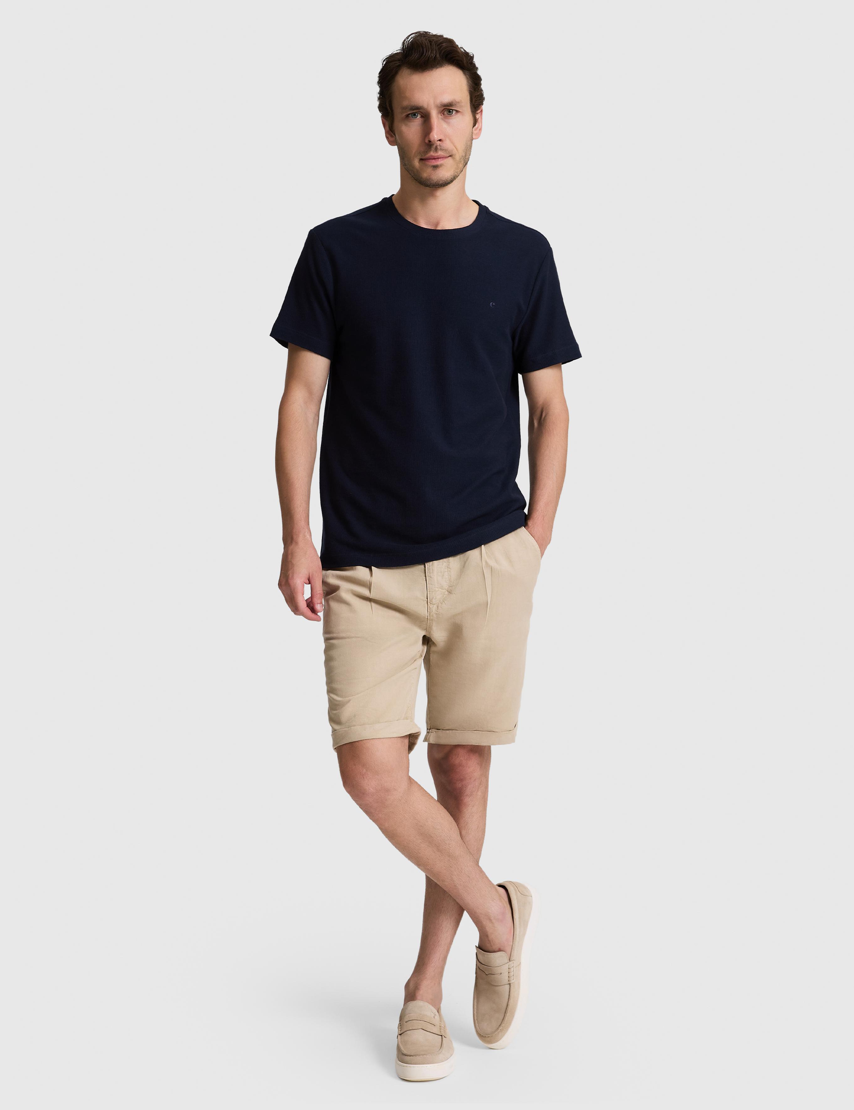 Lacivert Slim Fit Saf Pamuk İnce Fitilli Bisiklet Yaka T-shirt - 50328374030
