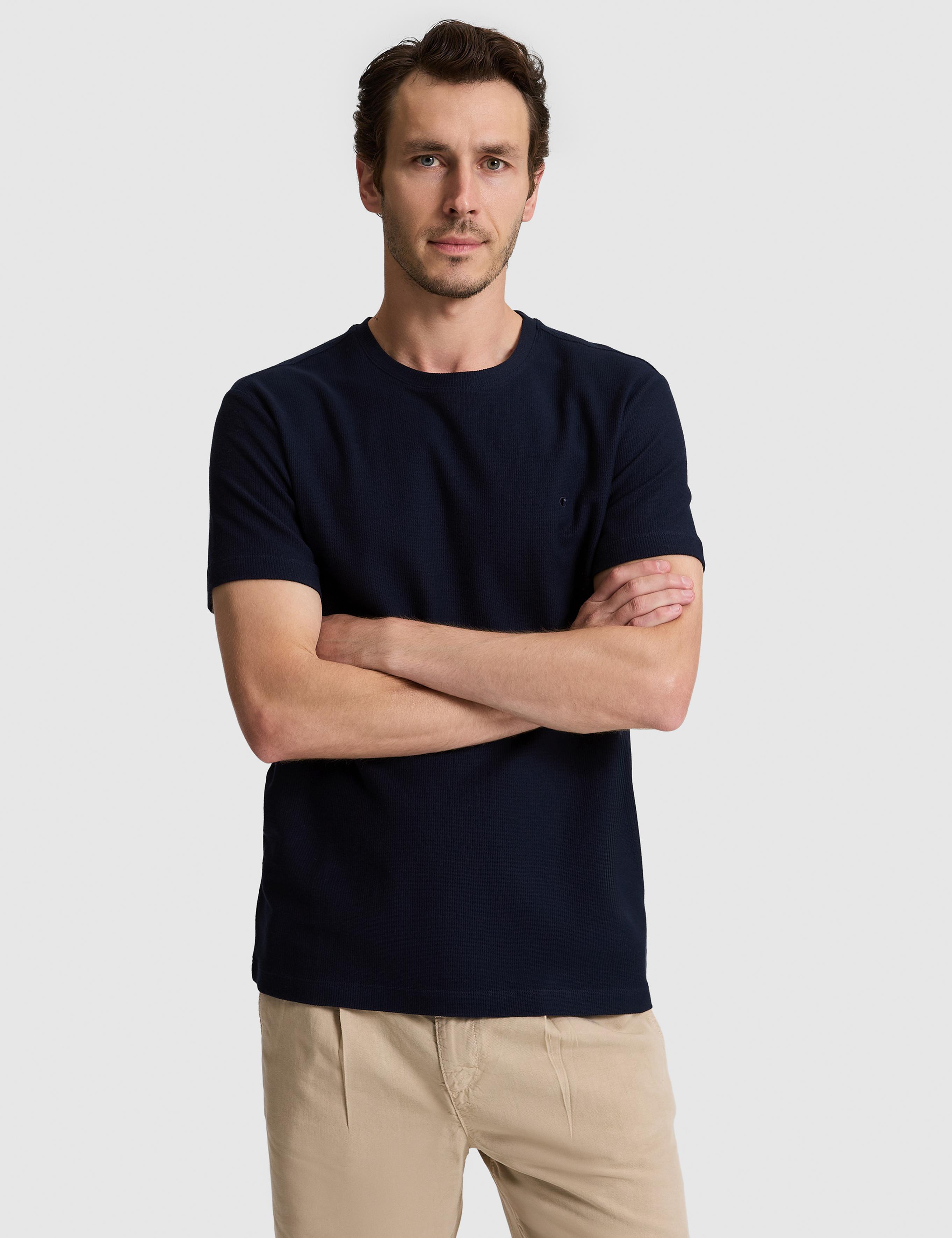 Lacivert Slim Fit Saf Pamuk İnce Fitilli Bisiklet Yaka T-shirt - 50328374030
