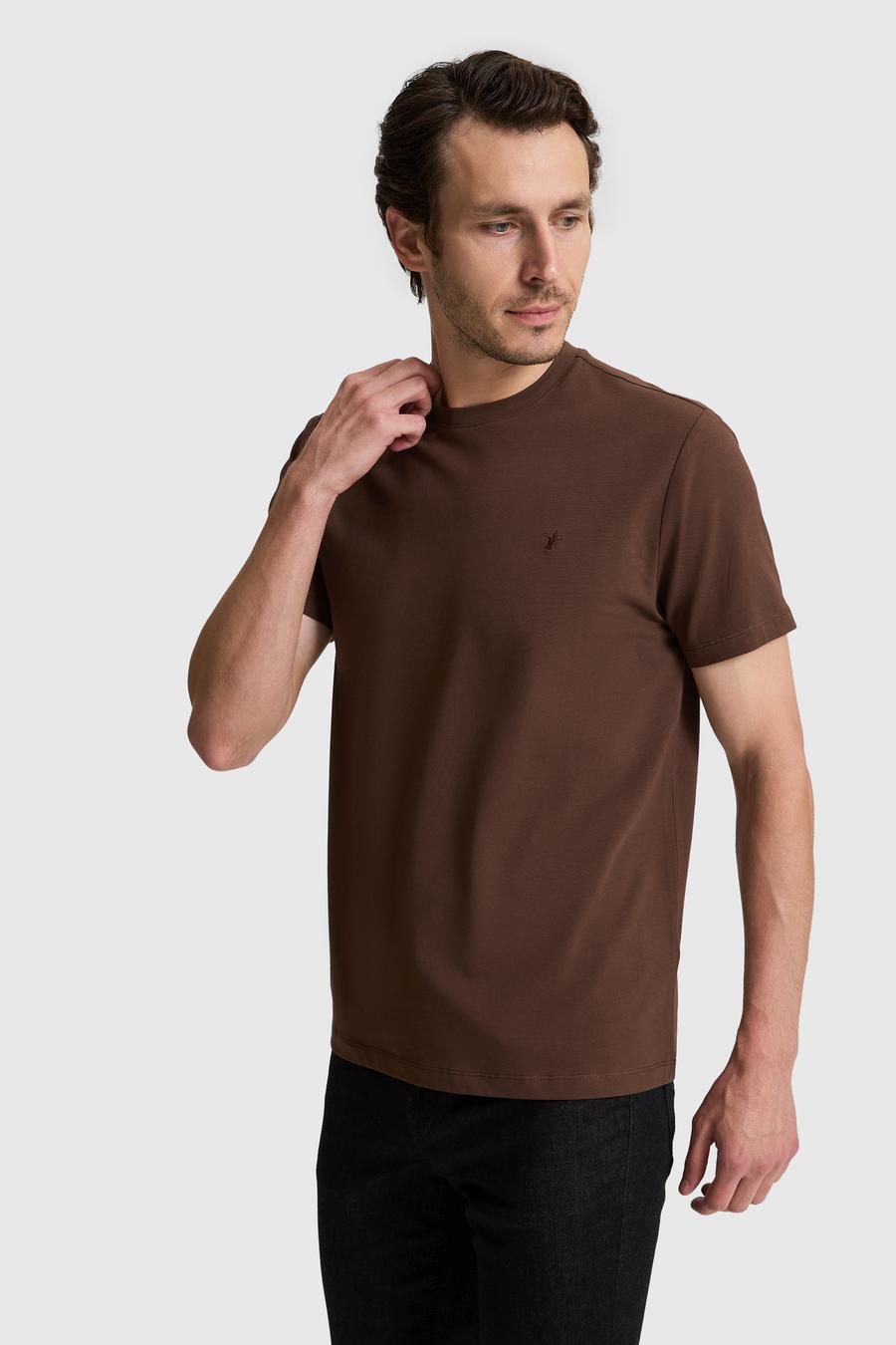 Kahverengi Slim Fit Pamuk Karışımlı Bisiklet Yaka Basic T-shirt - 50328373054