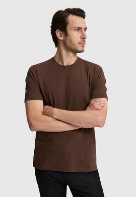 Kahverengi Slim Fit Pamuk Karışımlı Bisiklet Yaka Basic T-shirt