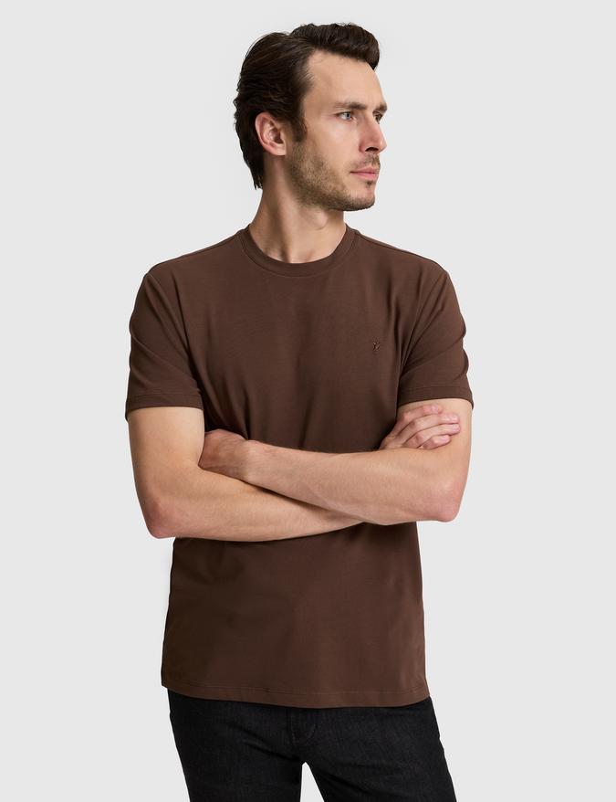 Kahverengi Slim Fit Pamuk Karışımlı Bisiklet Yaka Basic T-shirt
