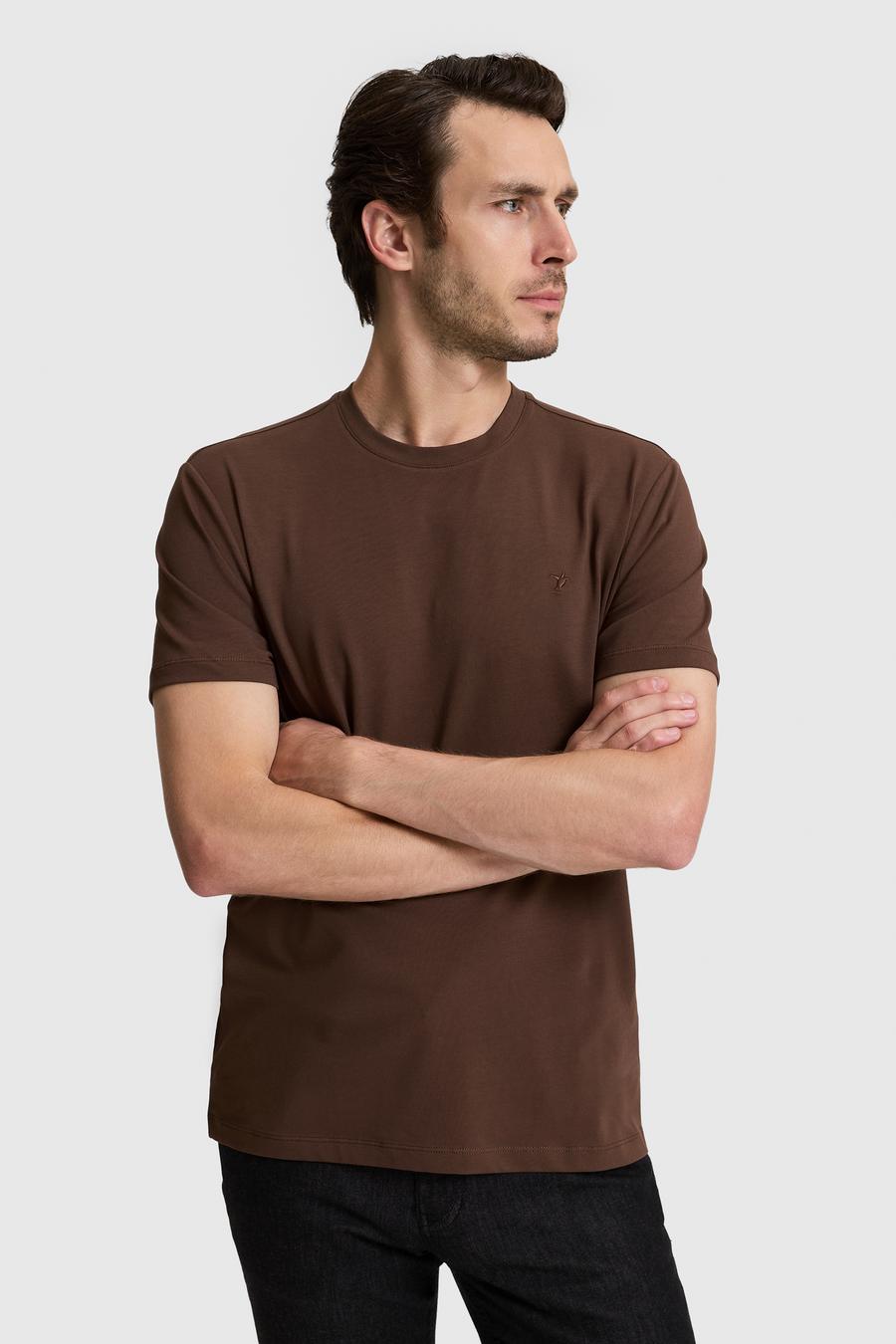 Kahverengi Slim Fit Pamuk Karışımlı Bisiklet Yaka Basic T-shirt - 50328373054