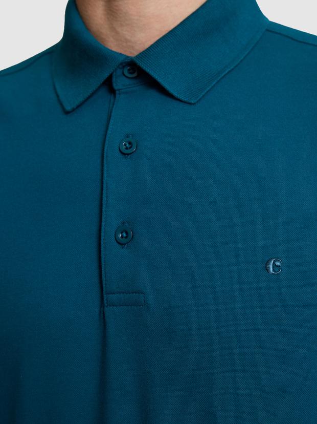 Petrol Mavi Slim Fit Pamuk Karışımlı Düğmeli Polo Yaka Basic T-shirt