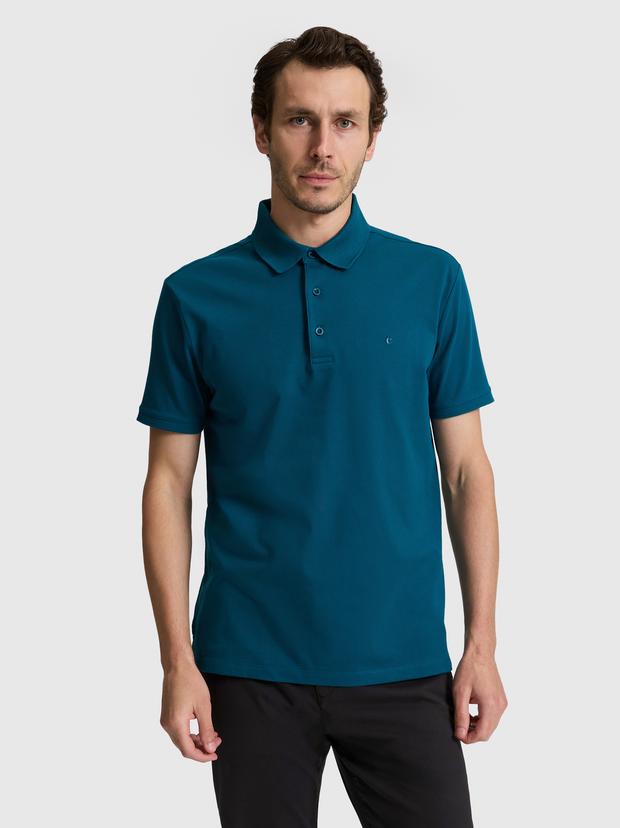 Petrol Mavi Slim Fit Pamuk Karışımlı Düğmeli Polo Yaka Basic T-shirt