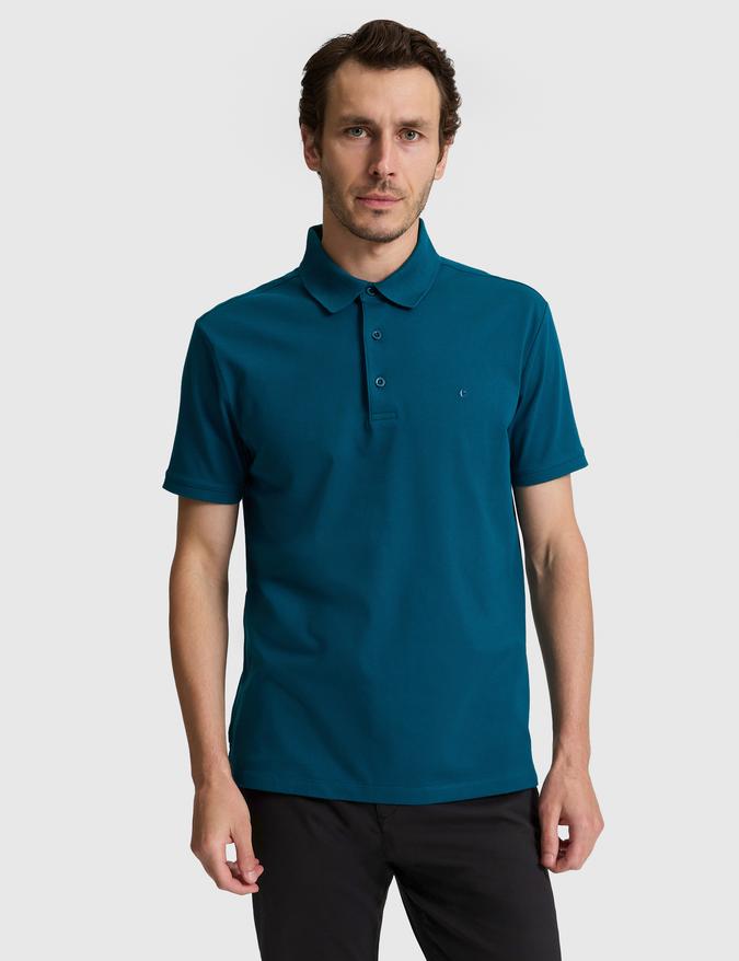 Petrol Mavi Slim Fit Pamuk Karışımlı Düğmeli Polo Yaka Basic T-shirt