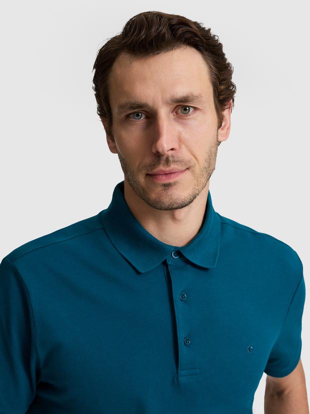 Petrol Mavi Slim Fit Pamuk Karışımlı Düğmeli Polo Yaka Basic T-shirt