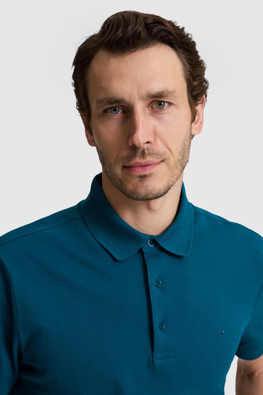 Petrol Mavi Slim Fit Pamuk Karışımlı Düğmeli Polo Yaka Basic T-shirt - 50328375026