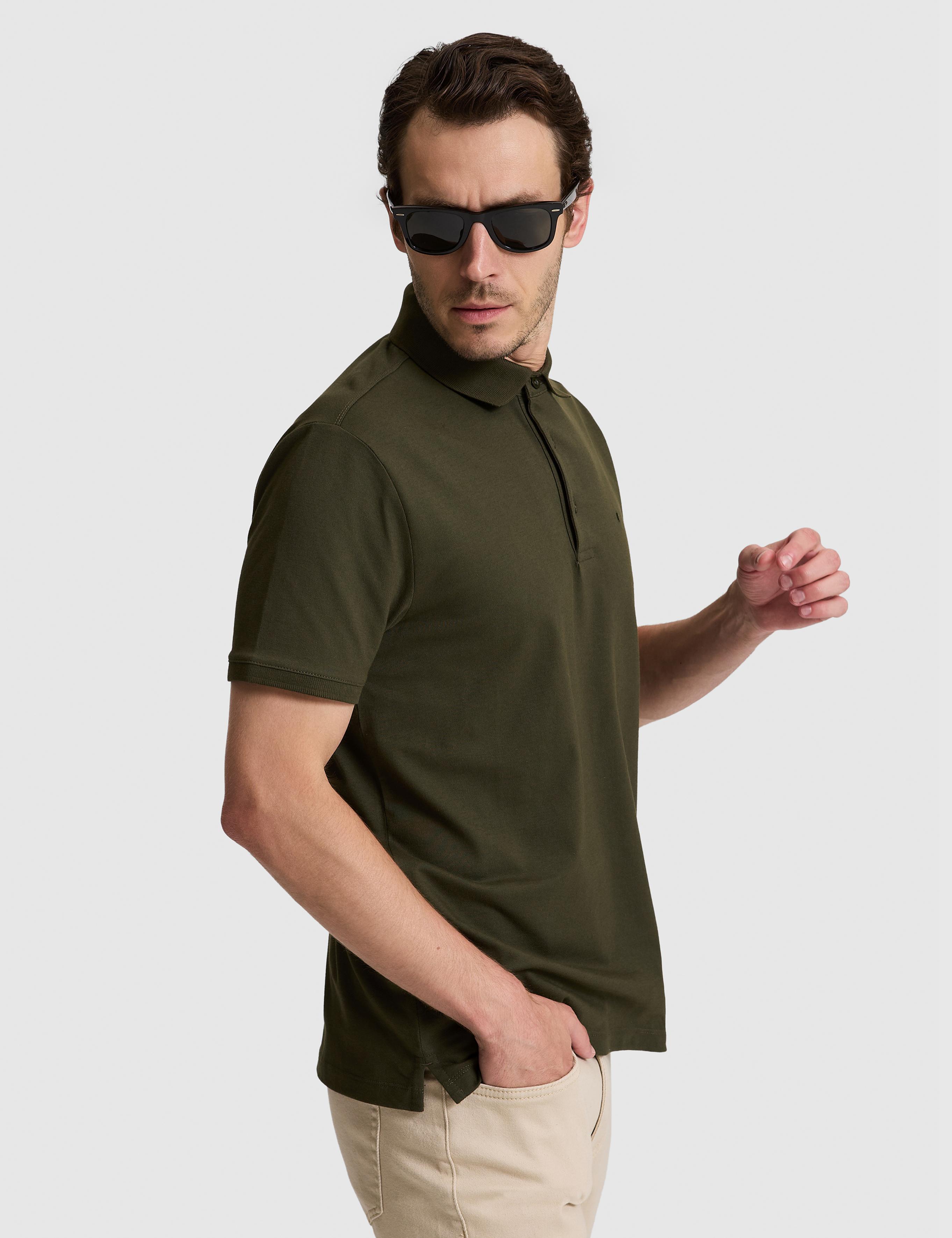 Haki Slim Fit Pamuk Karışımlı Düğmeli Polo Yaka Basic T-shirt - 50328375042