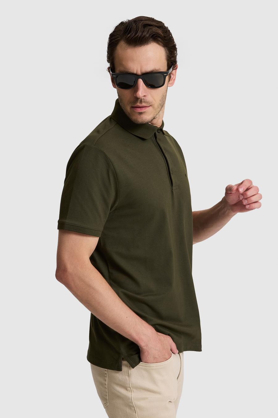 Haki Slim Fit Pamuk Karışımlı Düğmeli Polo Yaka Basic T-shirt - 50328375042