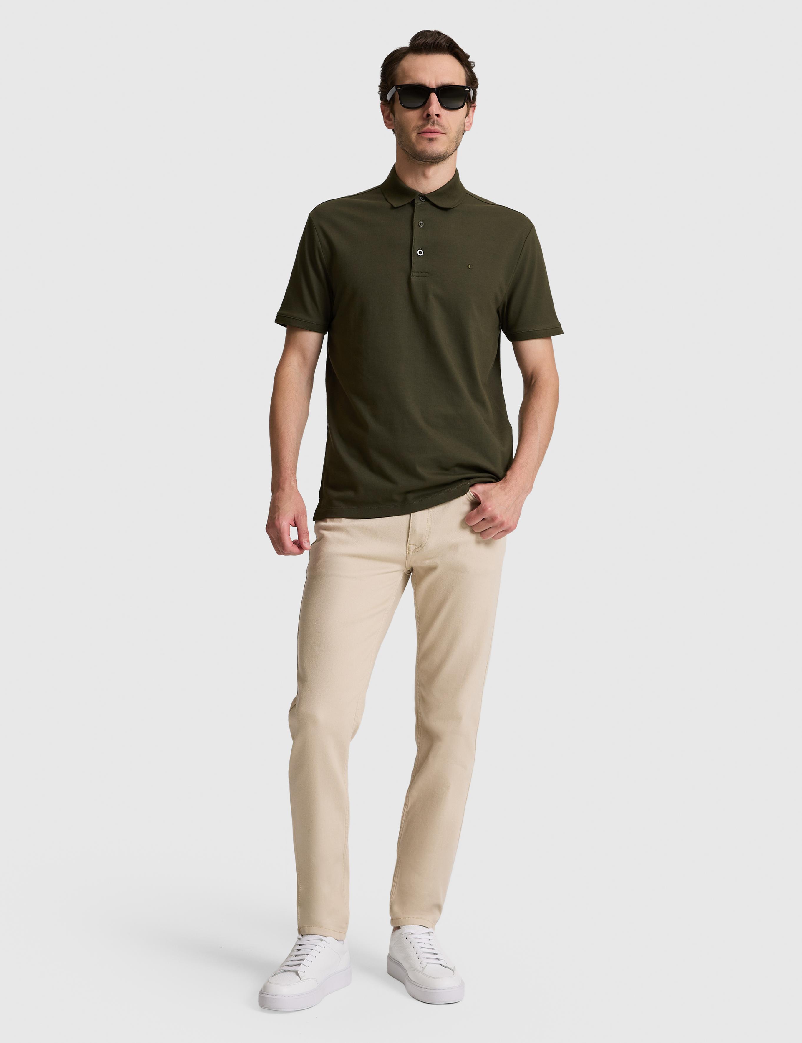 Haki Slim Fit Pamuk Karışımlı Düğmeli Polo Yaka Basic T-shirt - 50328375042