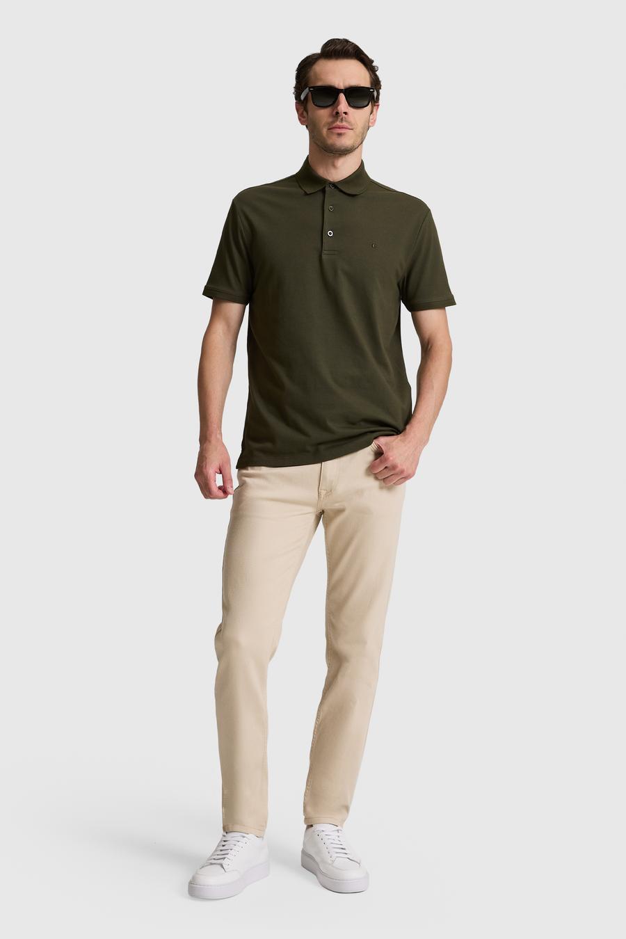 Haki Slim Fit Pamuk Karışımlı Düğmeli Polo Yaka Basic T-shirt - 50328375042