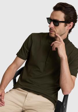 Haki Slim Fit Pamuk Karışımlı Düğmeli Polo Yaka Basic T-shirt