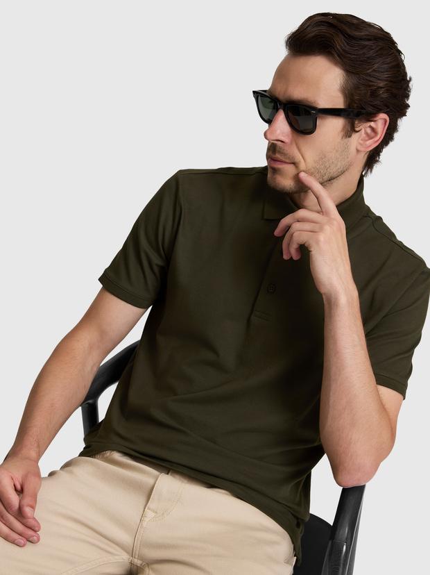 Haki Slim Fit Pamuk Karışımlı Düğmeli Polo Yaka Basic T-shirt