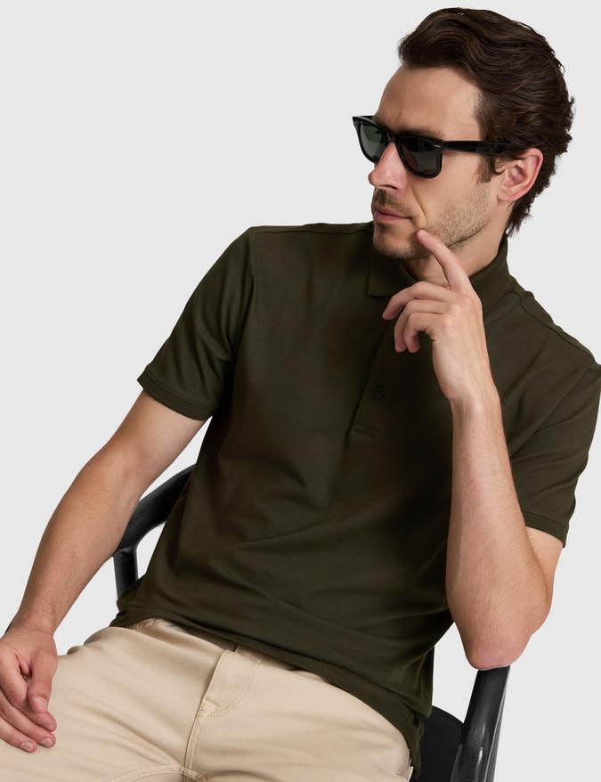 Haki Slim Fit Pamuk Karışımlı Düğmeli Polo Yaka Basic T-shirt