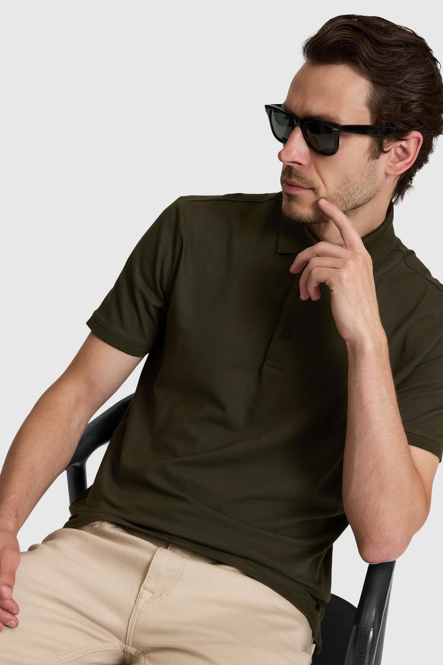 Haki Slim Fit Pamuk Karışımlı Düğmeli Polo Yaka Basic T-shirt - 50328375042