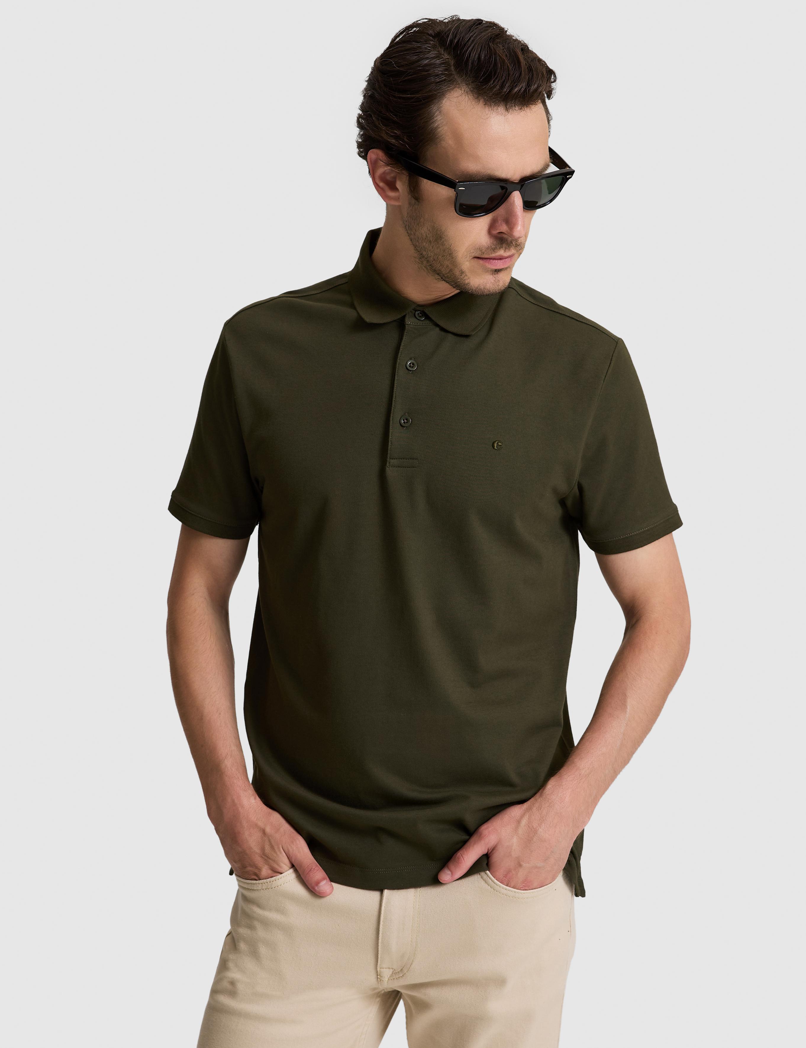 Haki Slim Fit Pamuk Karışımlı Düğmeli Polo Yaka Basic T-shirt - 50328375042