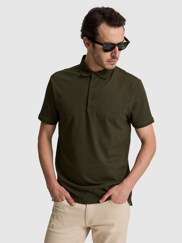 Haki Slim Fit Pamuk Karışımlı Düğmeli Polo Yaka Basic T-shirt