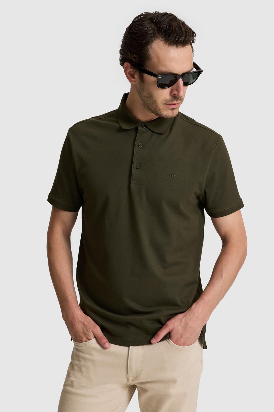 Haki Slim Fit Pamuk Karışımlı Düğmeli Polo Yaka Basic T-shirt - 50328375042
