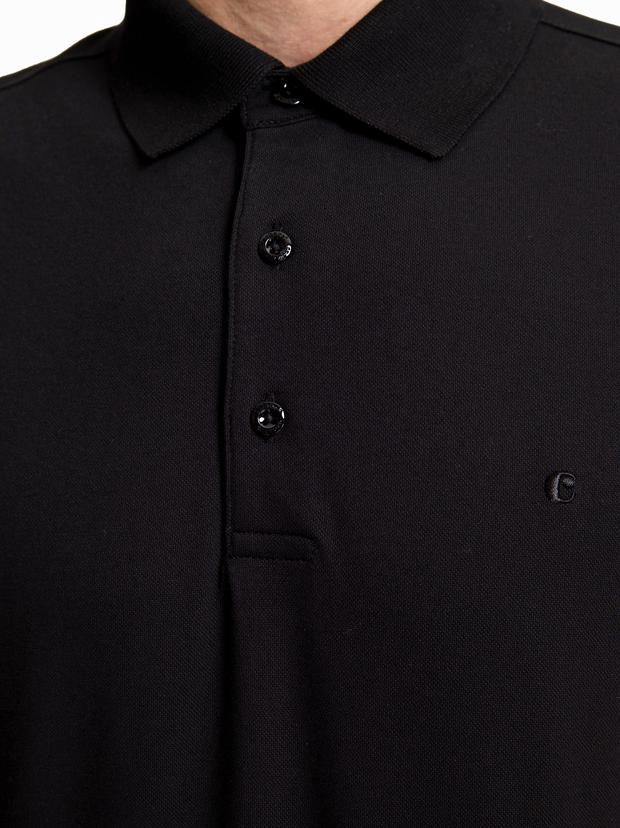 Siyah Slim Fit Pamuk Karışımlı Düğmeli Polo Yaka Basic T-shirt