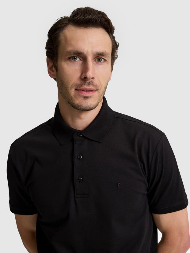 Siyah Slim Fit Pamuk Karışımlı Düğmeli Polo Yaka Basic T-shirt
