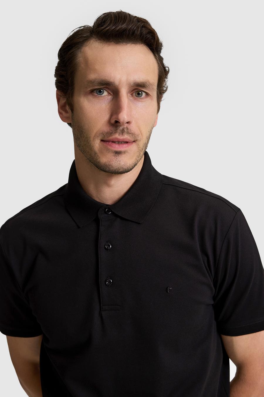 Siyah Slim Fit Pamuk Karışımlı Düğmeli Polo Yaka Basic T-shirt - 50328375086