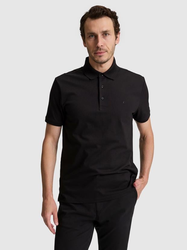 Siyah Slim Fit Pamuk Karışımlı Düğmeli Polo Yaka Basic T-shirt
