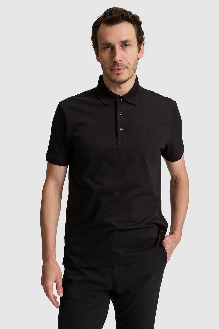 Siyah Slim Fit Pamuk Karışımlı Düğmeli Polo Yaka Basic T-shirt - 50328375086