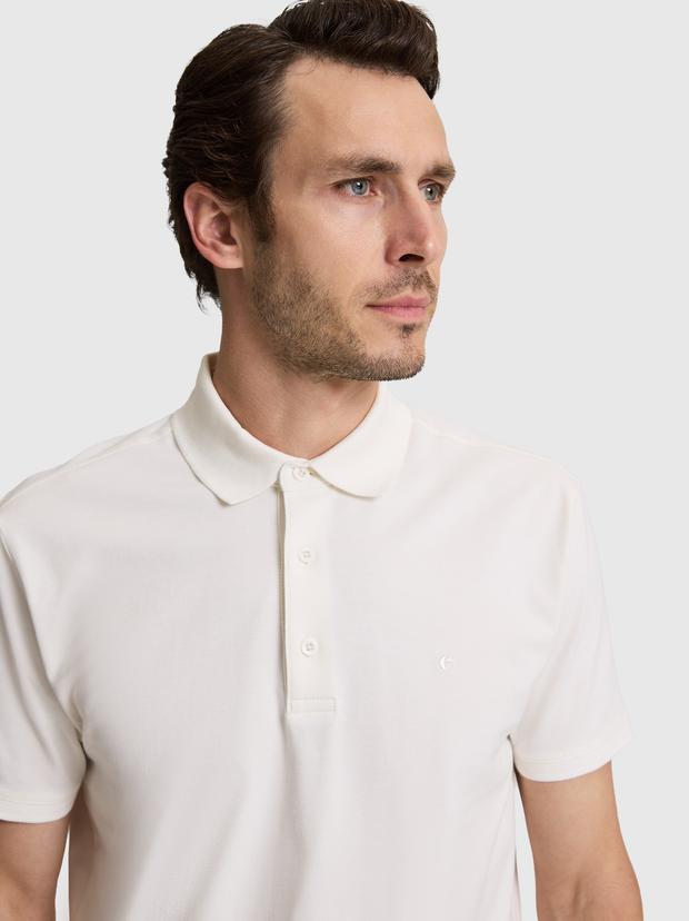 Bej Slim Fit Pamuk Karışımlı Düğmeli Polo Yaka Basic T-shirt