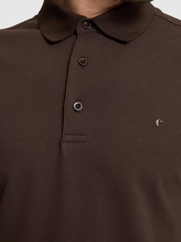 Kahverengi Slim Fit Pamuk Karışımlı Düğmeli Polo Yaka Basic T-shirt