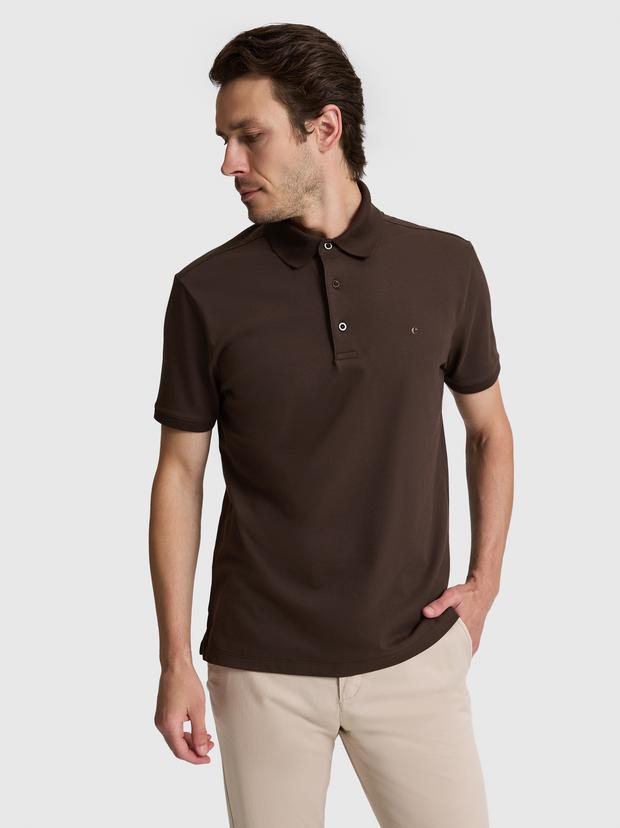 Kahverengi Slim Fit Pamuk Karışımlı Düğmeli Polo Yaka Basic T-shirt