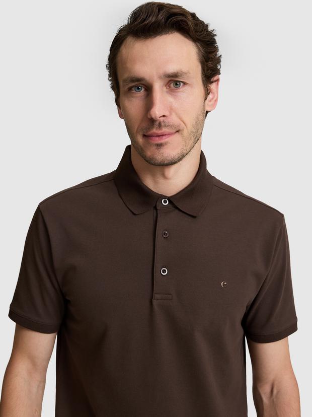 Kahverengi Slim Fit Pamuk Karışımlı Düğmeli Polo Yaka Basic T-shirt
