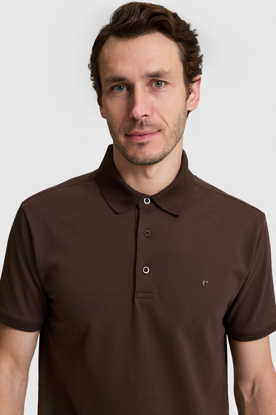 Kahverengi Slim Fit Pamuk Karışımlı Düğmeli Polo Yaka Basic T-shirt - 50328375052