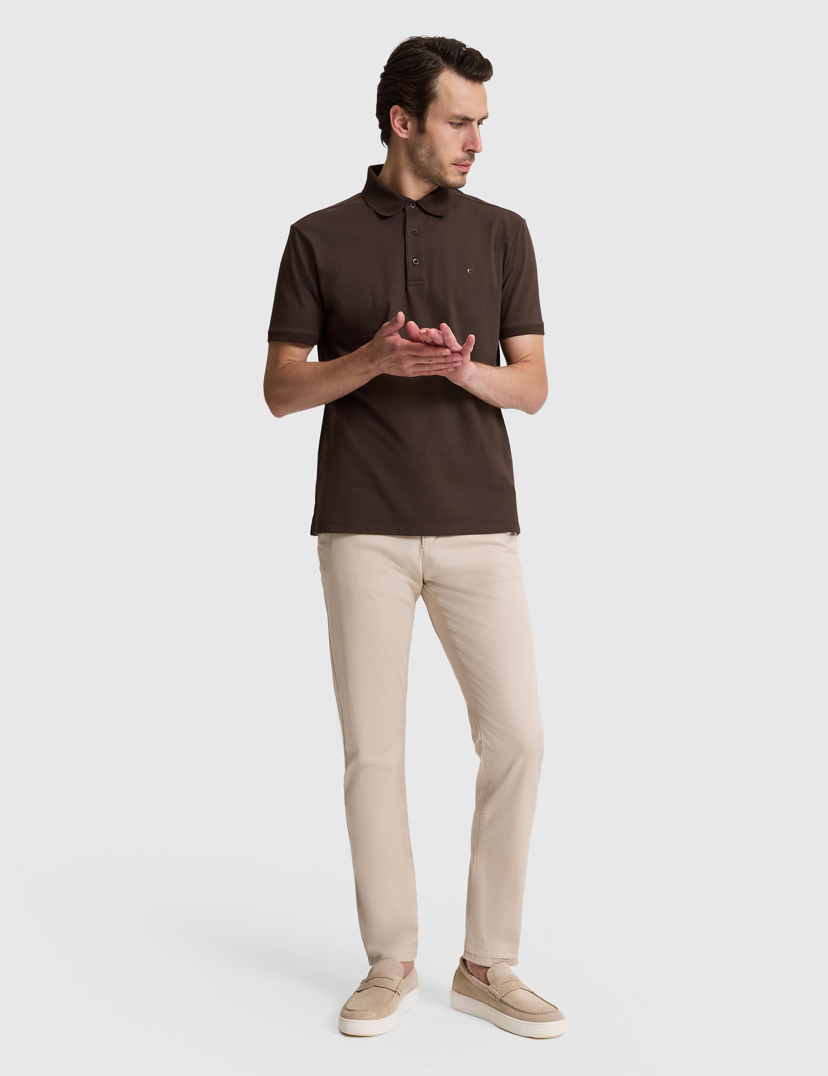 Kahverengi Slim Fit Pamuk Karışımlı Düğmeli Polo Yaka Basic T-shirt - 50328375052