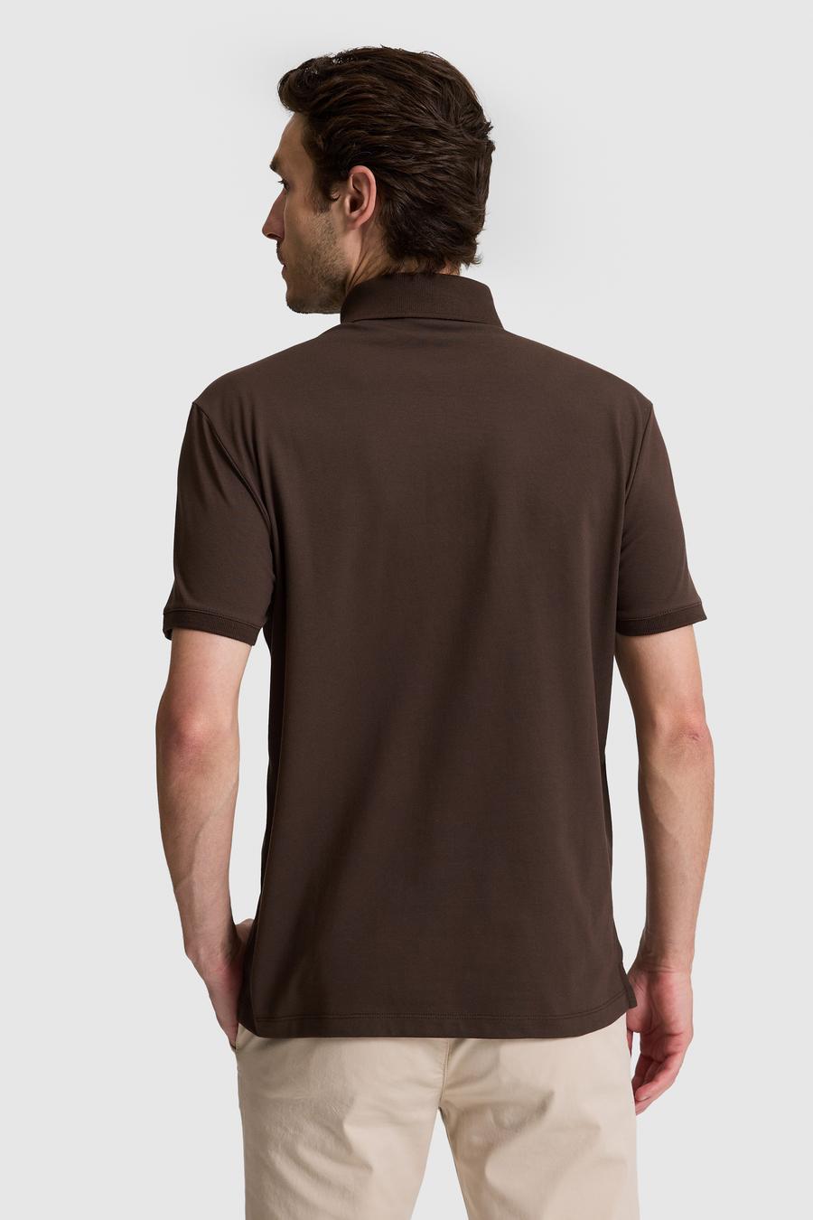 Kahverengi Slim Fit Pamuk Karışımlı Düğmeli Polo Yaka Basic T-shirt - 50328375052