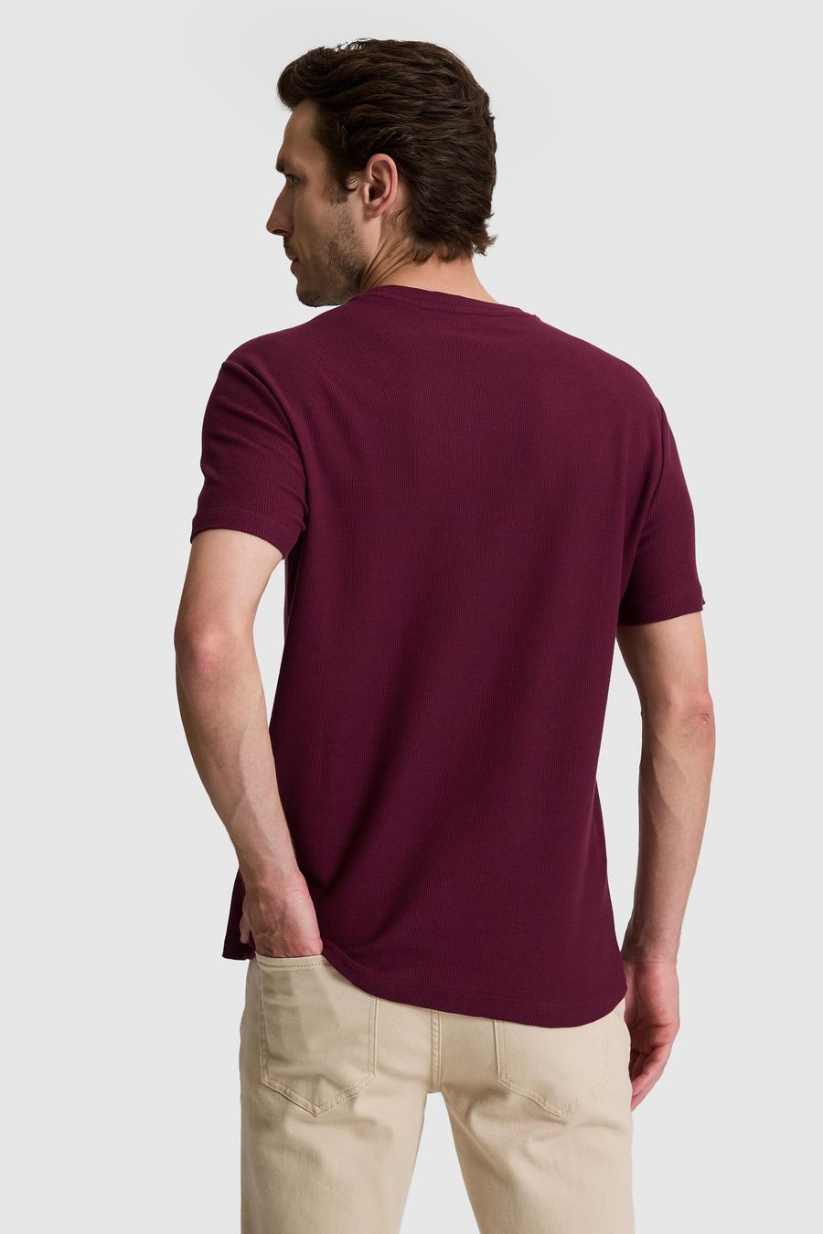 Bordo Slim Fit Saf Pamuk İnce Fitilli Bisiklet Yaka T-shirt - 50328374020