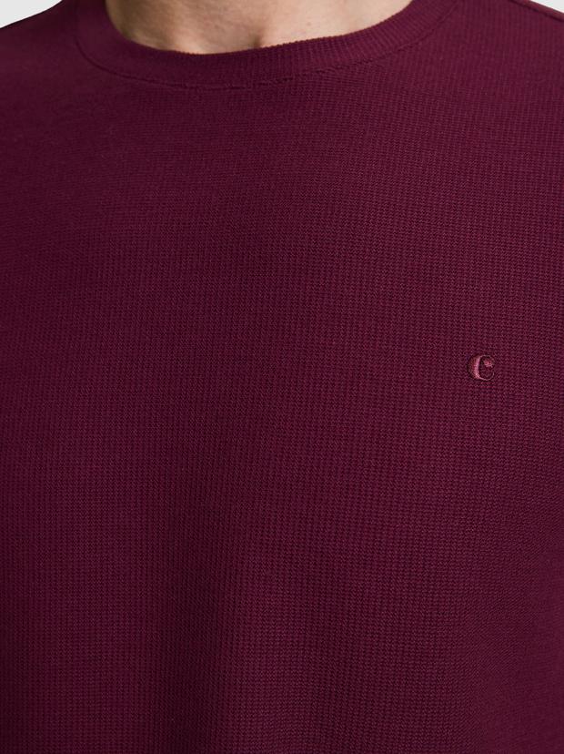 Bordo Slim Fit Saf Pamuk İnce Fitilli Bisiklet Yaka T-shirt