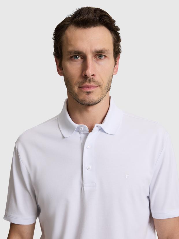 Beyaz Slim Fit Pamuk Karışımlı Düğmeli Polo Yaka Basic T-shirt