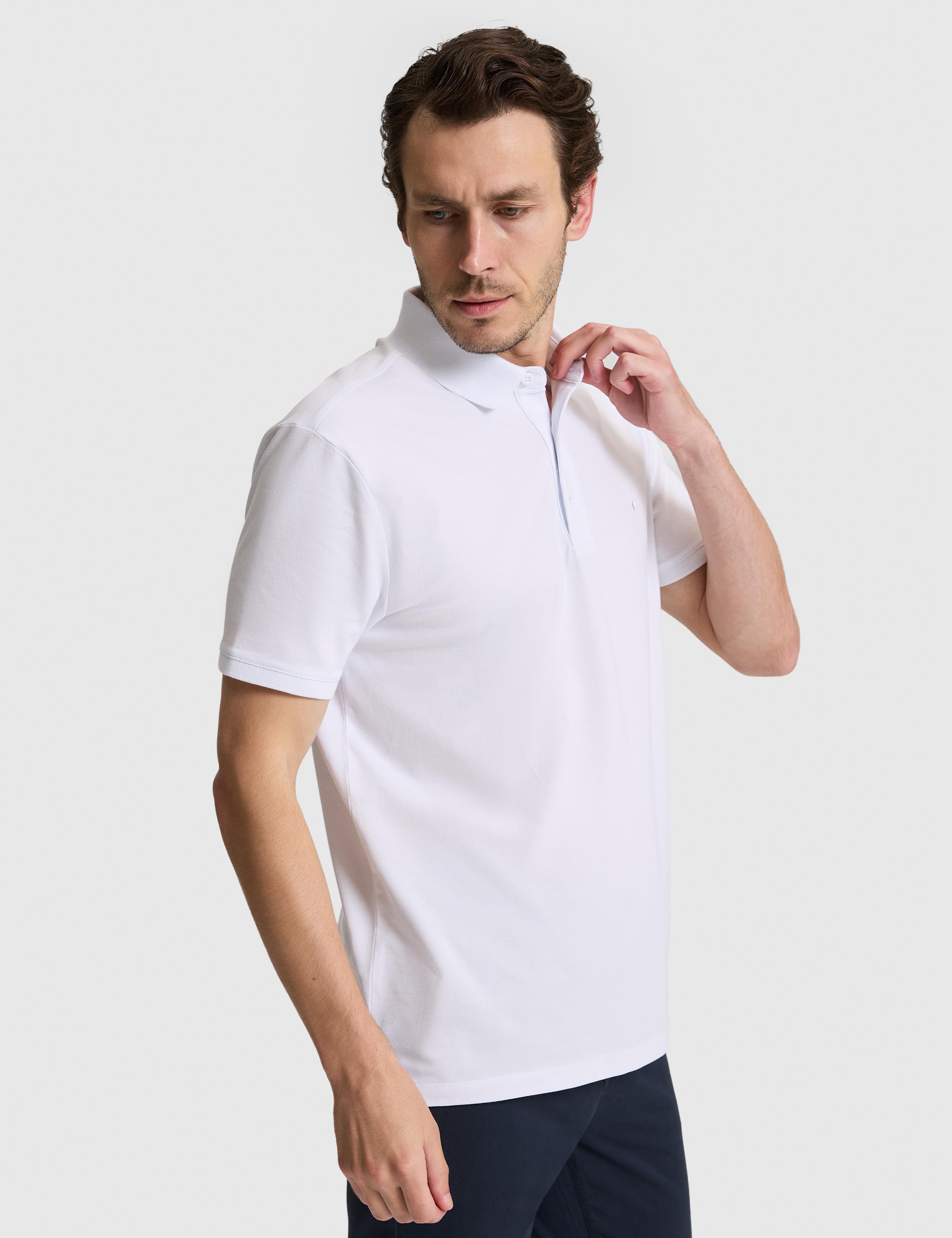 Beyaz Slim Fit Pamuk Karışımlı Düğmeli Polo Yaka Basic T-shirt - 50328375019