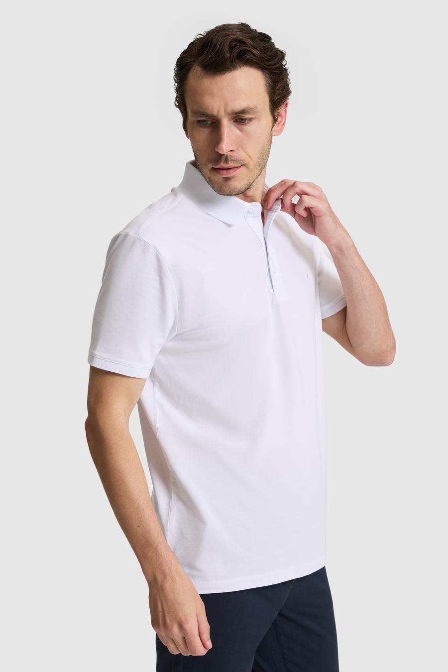 Beyaz Slim Fit Pamuk Karışımlı Düğmeli Polo Yaka Basic T-shirt - 50328375019