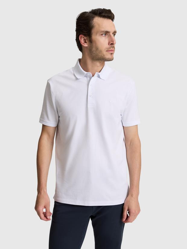 Beyaz Slim Fit Pamuk Karışımlı Düğmeli Polo Yaka Basic T-shirt