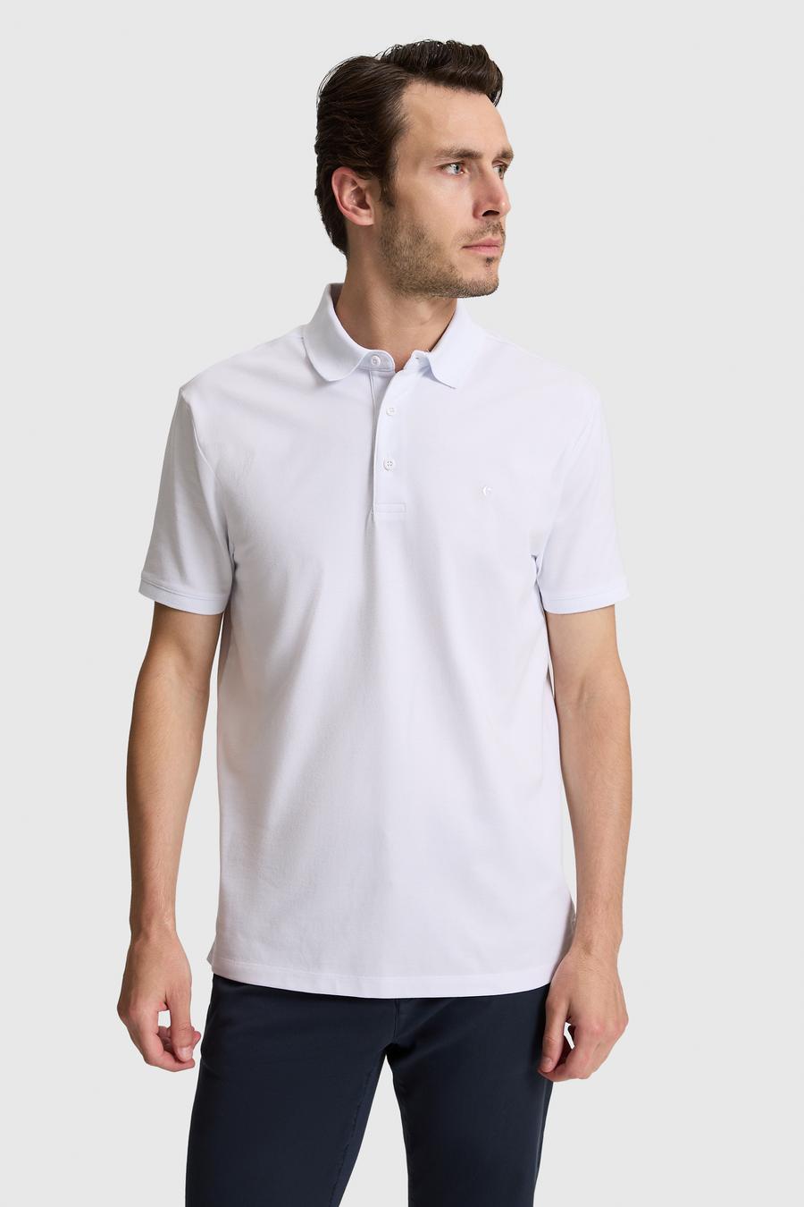 Beyaz Slim Fit Pamuk Karışımlı Düğmeli Polo Yaka Basic T-shirt - 50328375019