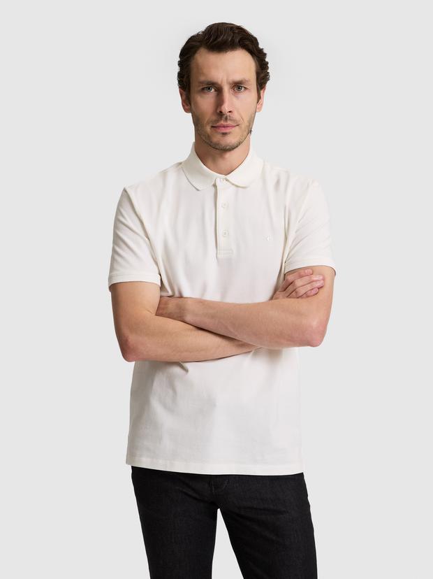 Bej Slim Fit Pamuk Karışımlı Düğmeli Polo Yaka Basic T-shirt