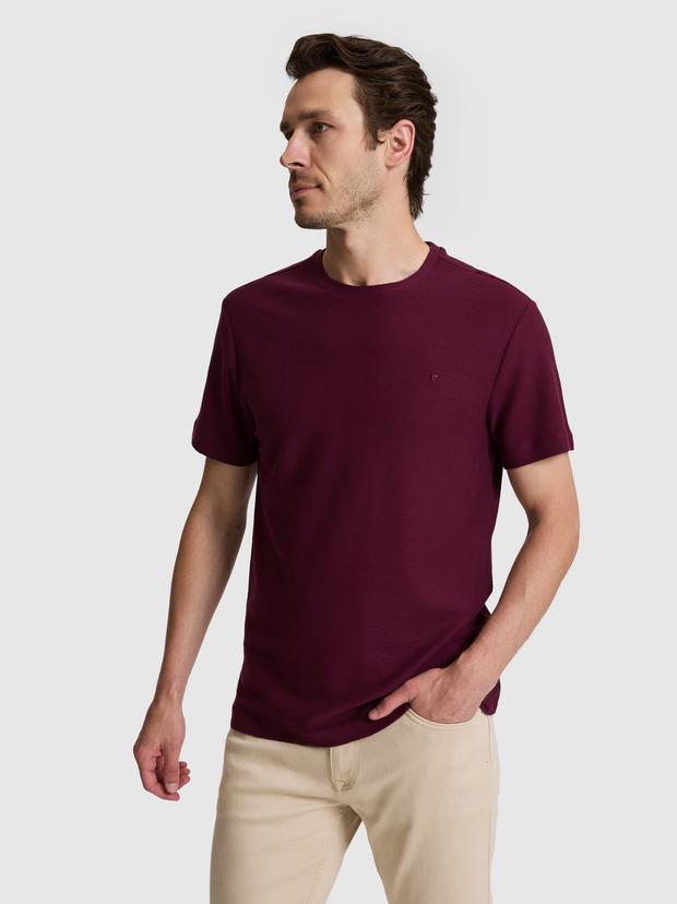 Bordo Slim Fit Saf Pamuk İnce Fitilli Bisiklet Yaka T-shirt