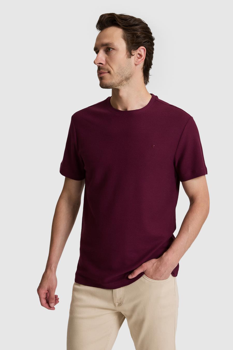 Bordo Slim Fit Saf Pamuk İnce Fitilli Bisiklet Yaka T-shirt - 50328374020