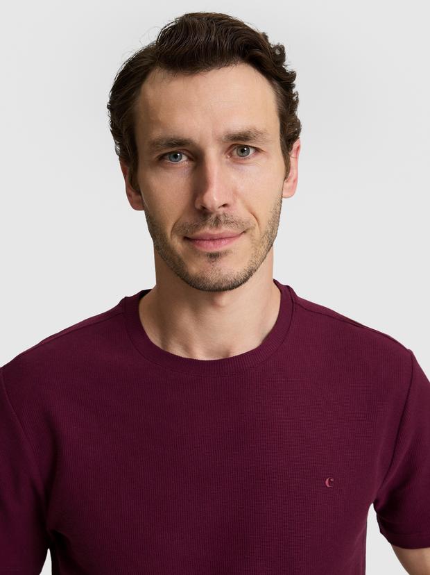 Bordo Slim Fit Saf Pamuk İnce Fitilli Bisiklet Yaka T-shirt