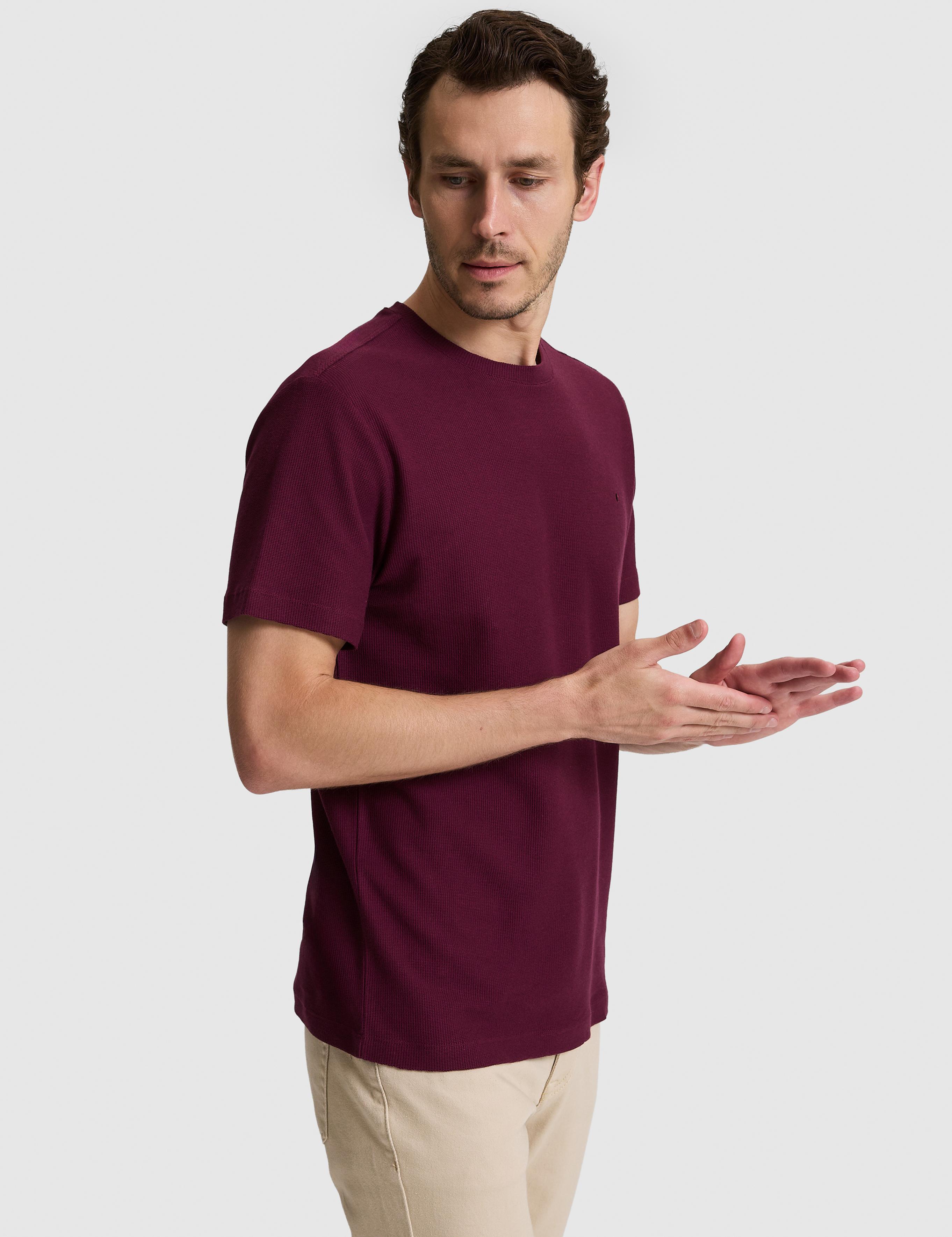 Bordo Slim Fit Saf Pamuk İnce Fitilli Bisiklet Yaka T-shirt - 50328374020